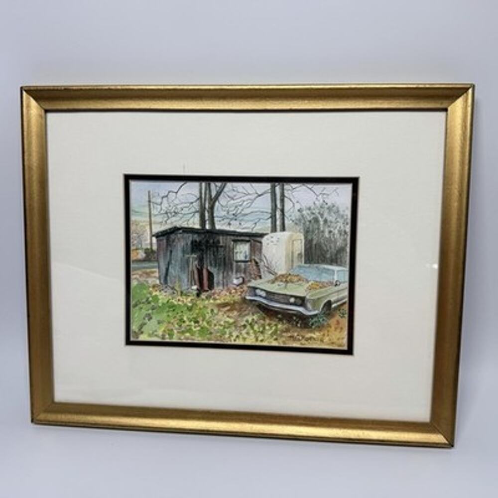 Signed Original Watercolor Shack on Half Acre Koenig 1970s Green Buick Riviera